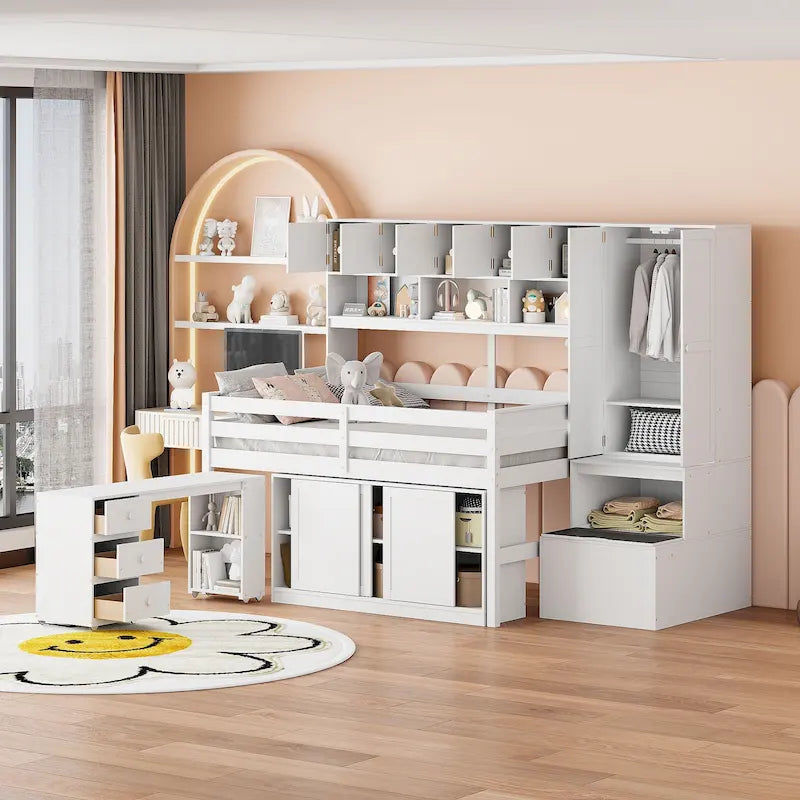 Full Size Wooden Loft Bed Big Storage with Under-bed Desk, with Drawers, with Shelves