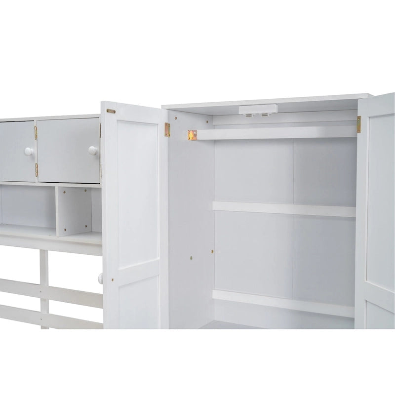 Full Size Wooden Loft Bed Big Storage with Under-bed Desk, with Drawers, with Shelves