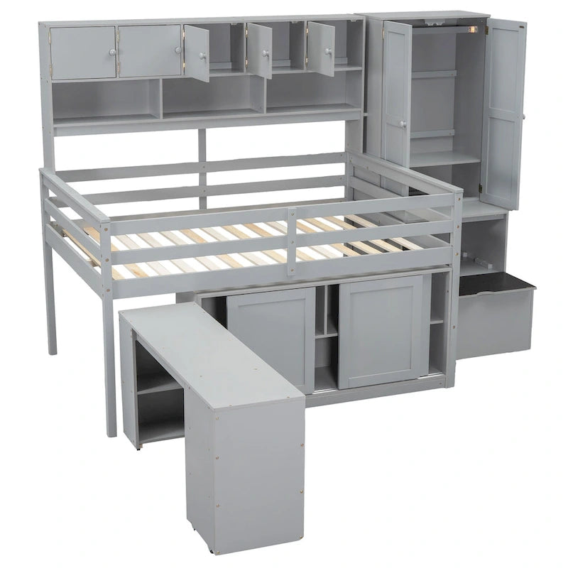Full Size Wooden Loft Bed Big Storage with Under-bed Desk, with Drawers, with Shelves