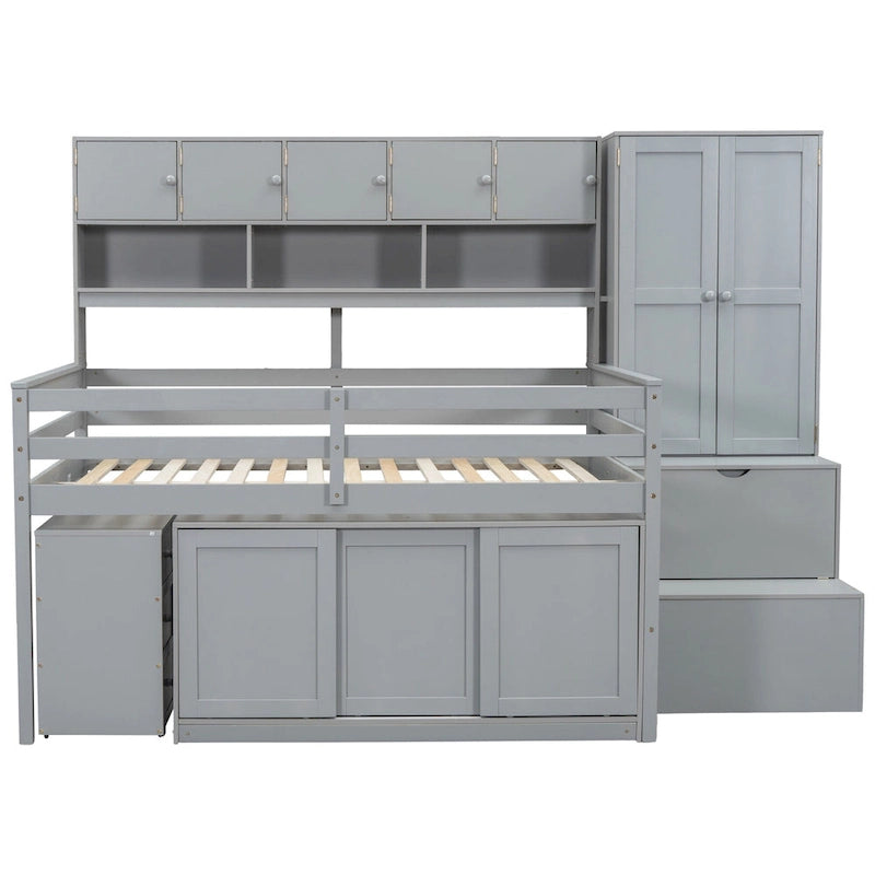 Full Size Wooden Loft Bed Big Storage with Under-bed Desk, with Drawers, with Shelves