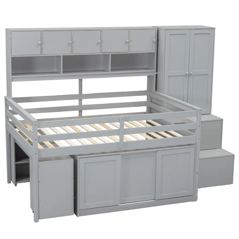 Full Size Wooden Loft Bed Big Storage with Under-bed Desk, with Drawers, with Shelves