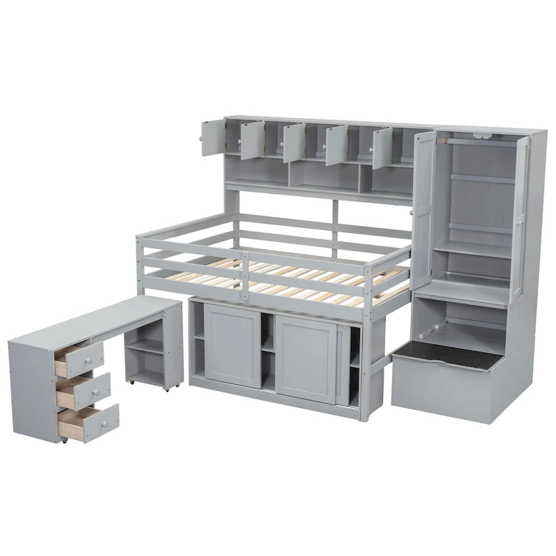 Full Size Wooden Loft Bed Big Storage with Under-bed Desk, with Drawers, with Shelves