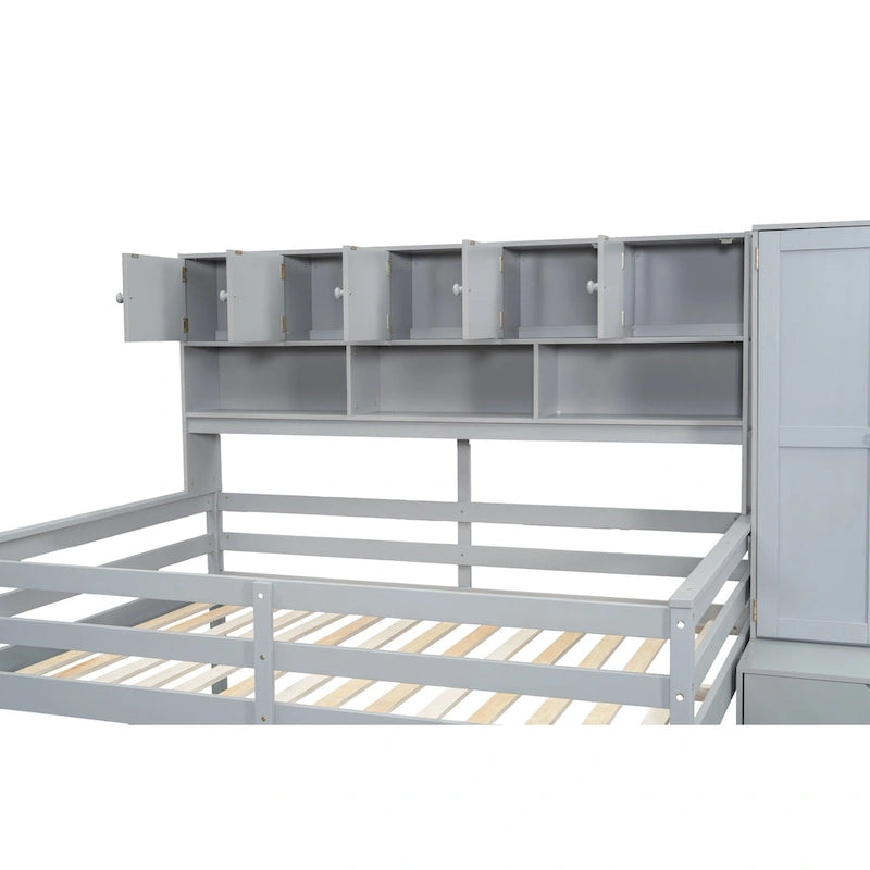 Full Size Wooden Loft Bed Big Storage with Under-bed Desk, with Drawers, with Shelves