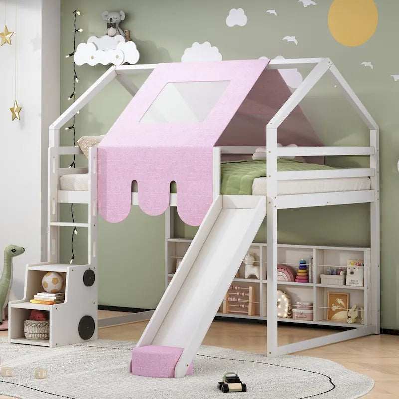 Full Loft Bed with Play Tent, House Design, Slide & Ladder