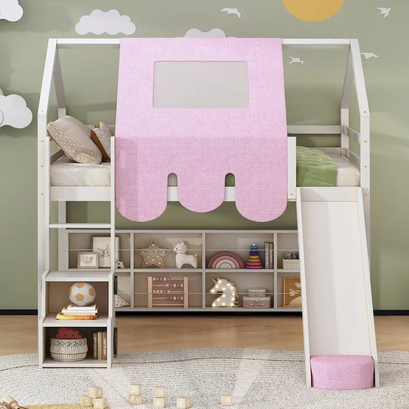 Full Loft Bed with Play Tent, House Design, Slide & Ladder