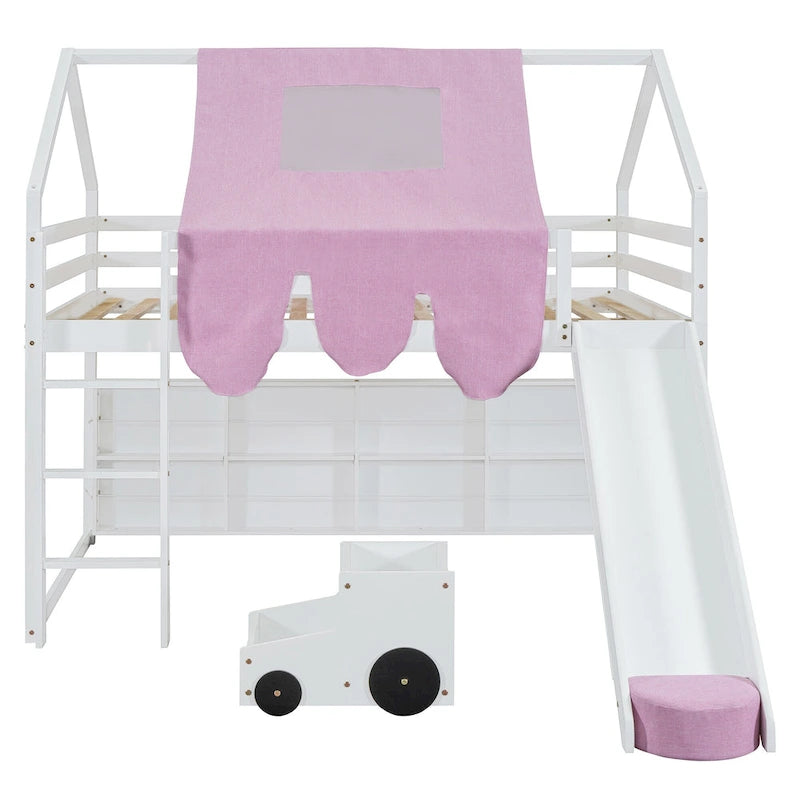 Full Loft Bed with Play Tent, House Design, Slide & Ladder