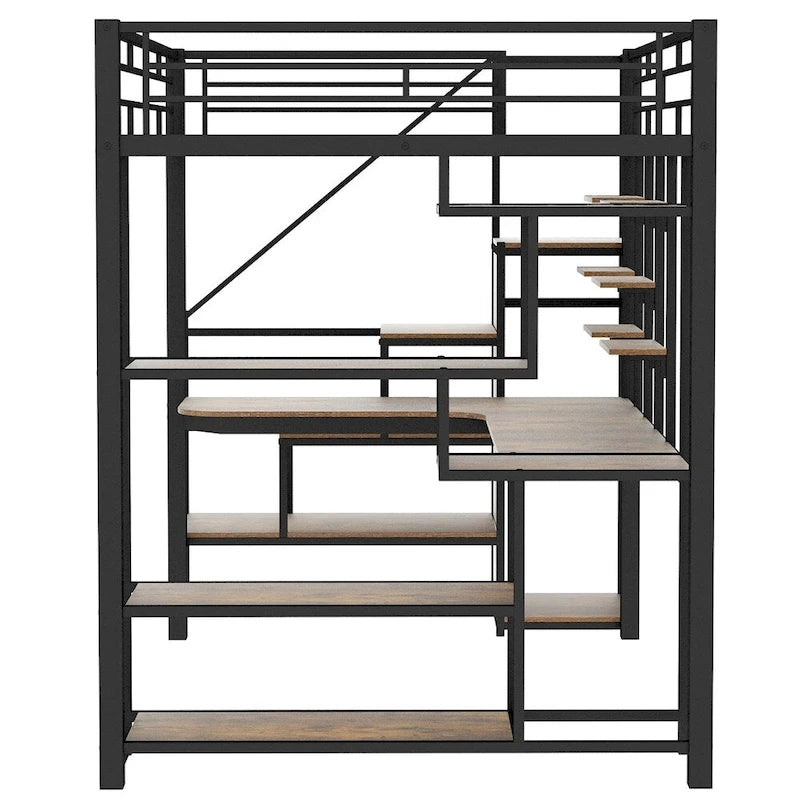 Full Size Metal Loft Bed with Storage Staircase and Small Wardrobe