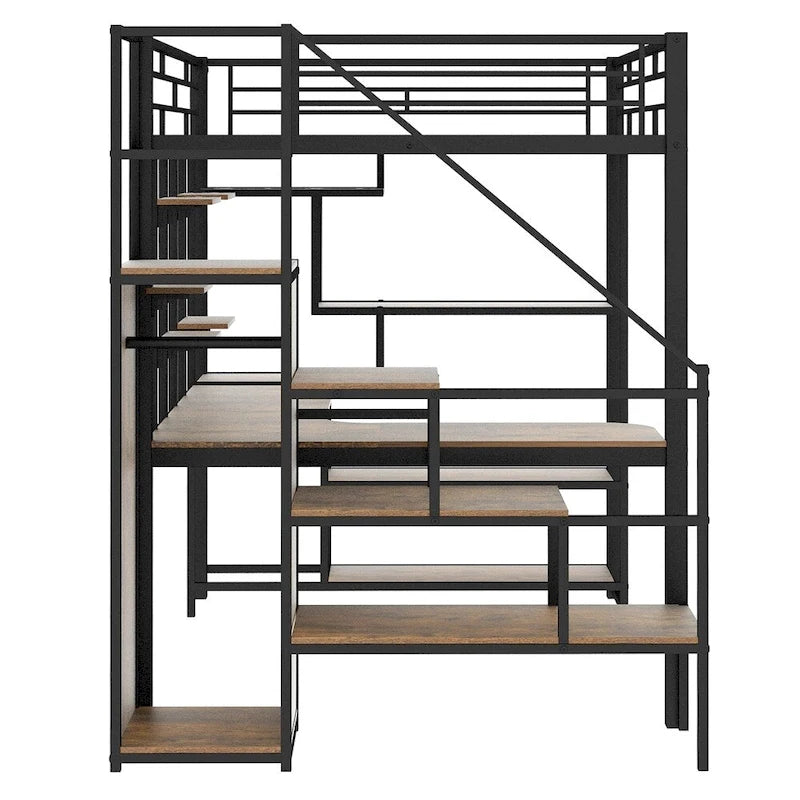 Full Size Metal Loft Bed with Storage Staircase and Small Wardrobe