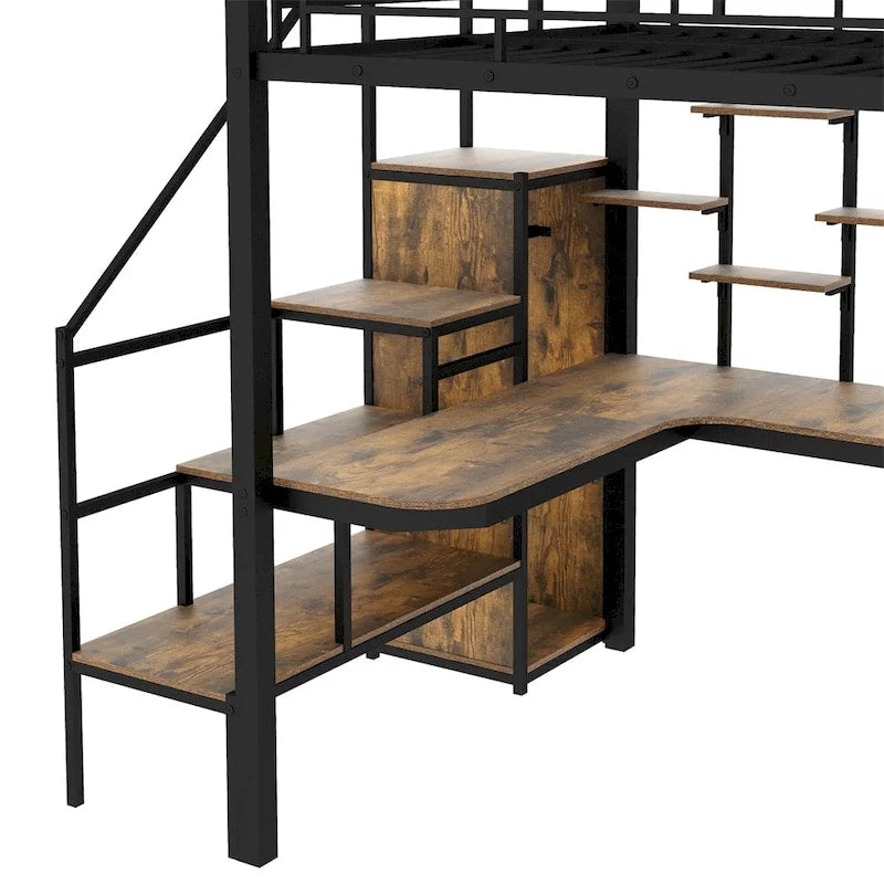 Full Size Metal Loft Bed with Storage Staircase and Small Wardrobe