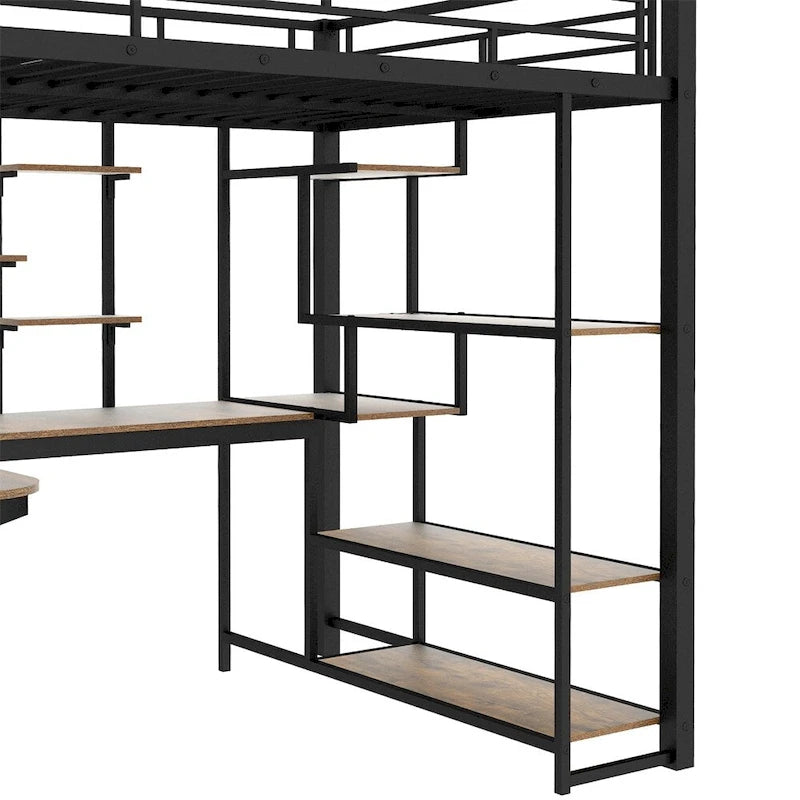 Full Size Metal Loft Bed with Storage Staircase and Small Wardrobe