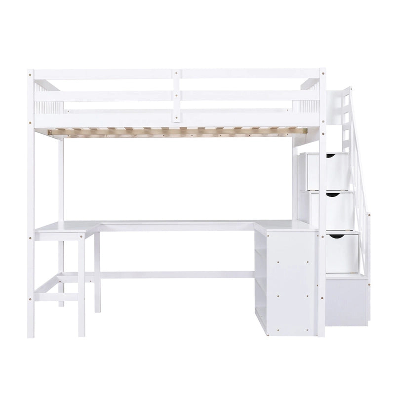 Full Size Loft Bed w/Built-in L-Shaped Desk,Three-Tier Storage Shelves