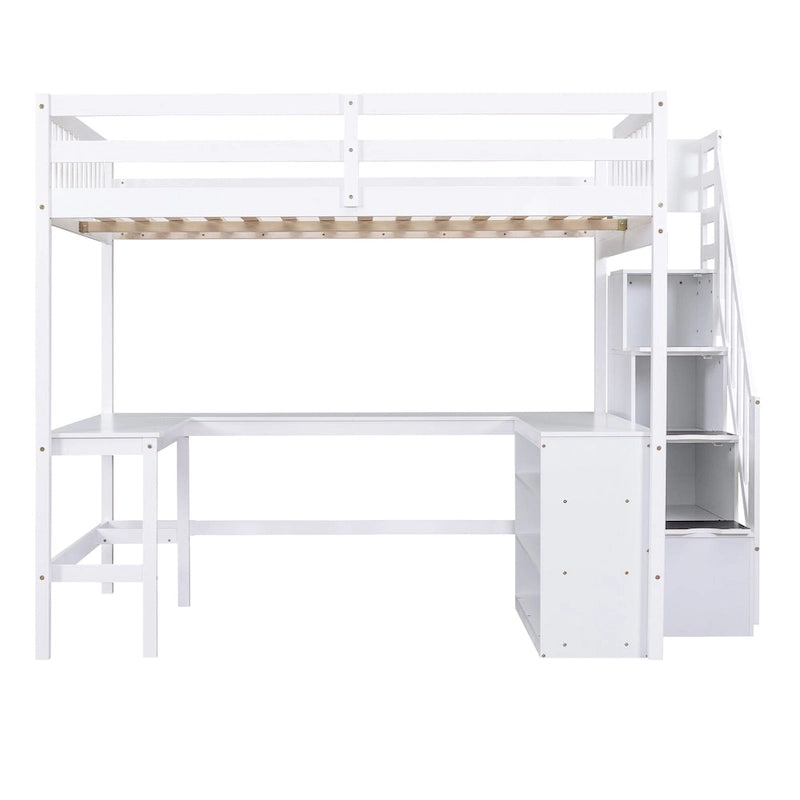 Full Size Loft Bed w/Built-in L-Shaped Desk,Three-Tier Storage Shelves