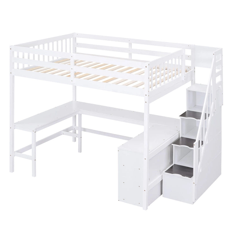 Full Size Loft Bed w/Built-in L-Shaped Desk,Three-Tier Storage Shelves