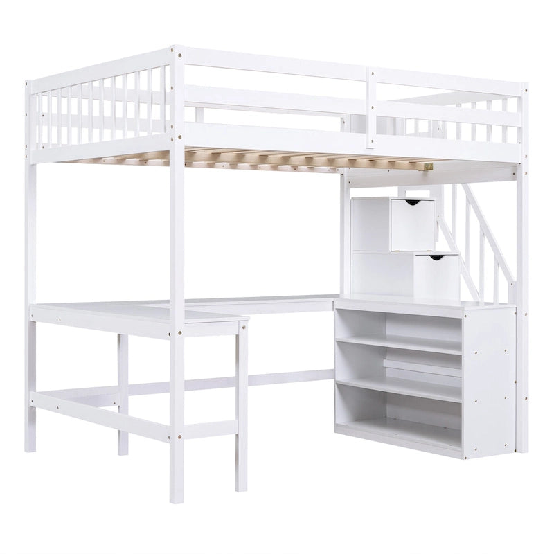 Full Size Loft Bed w/Built-in L-Shaped Desk,Three-Tier Storage Shelves