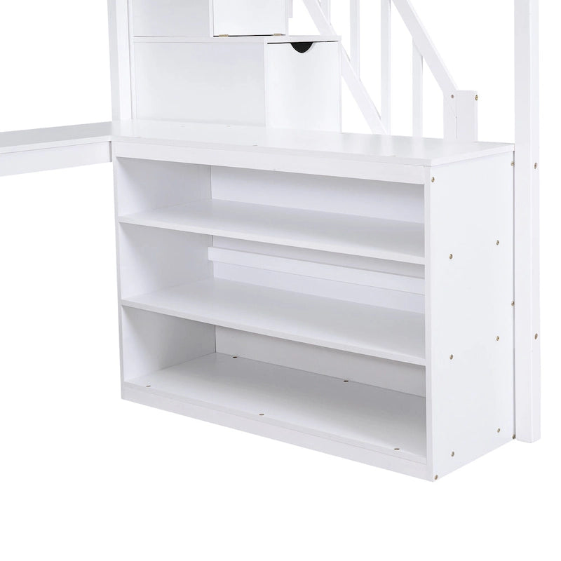 Full Size Loft Bed w/Built-in L-Shaped Desk,Three-Tier Storage Shelves
