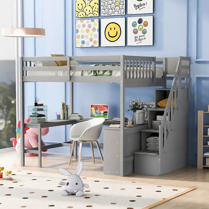 Full Size Loft Bed w/Built-in L-Shaped Desk,Three-Tier Storage Shelves