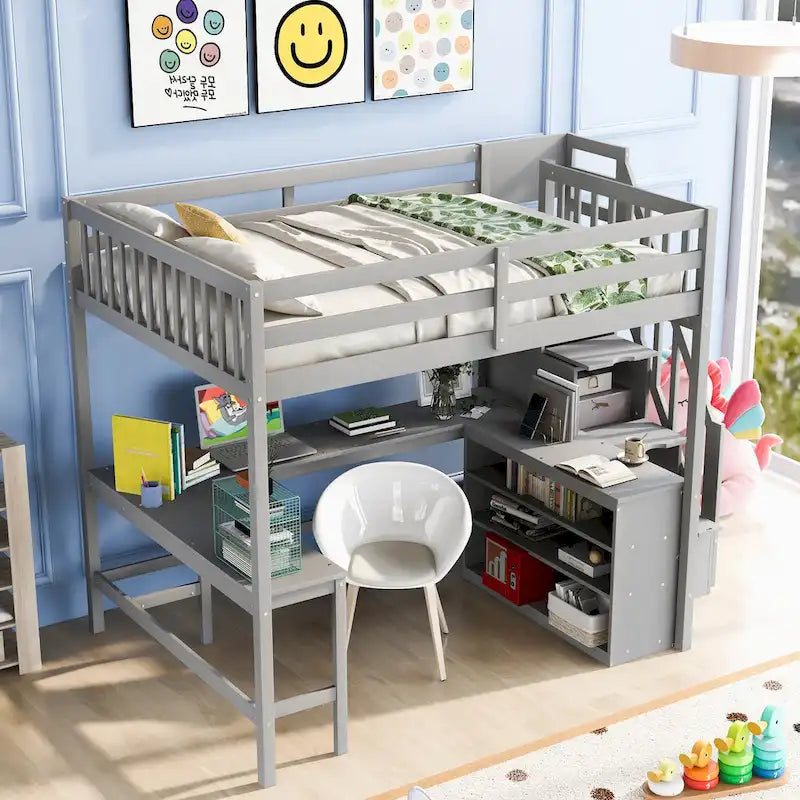 Full Size Loft Bed w/Built-in L-Shaped Desk,Three-Tier Storage Shelves