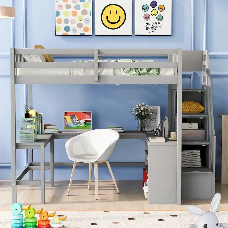 Full Size Loft Bed w/Built-in L-Shaped Desk,Three-Tier Storage Shelves
