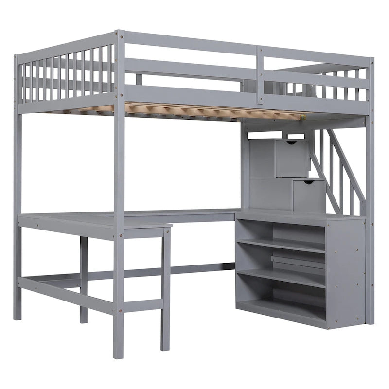 Full Size Loft Bed w/Built-in L-Shaped Desk,Three-Tier Storage Shelves
