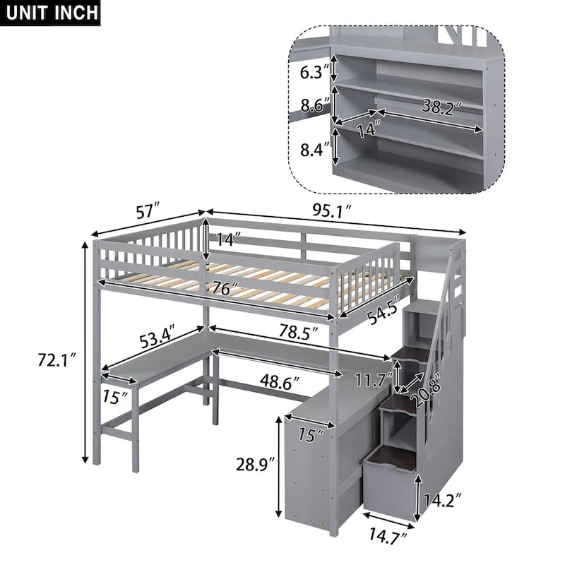 Full Size Loft Bed w/Built-in L-Shaped Desk,Three-Tier Storage Shelves