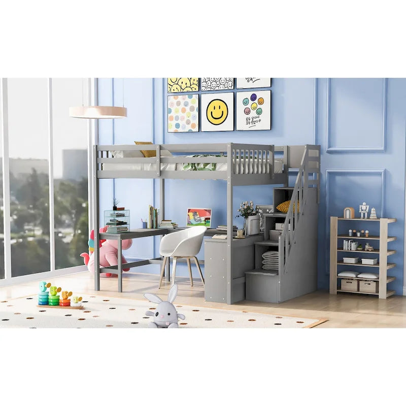 Full Size Loft Bed w/Built-in L-Shaped Desk,Three-Tier Storage Shelves