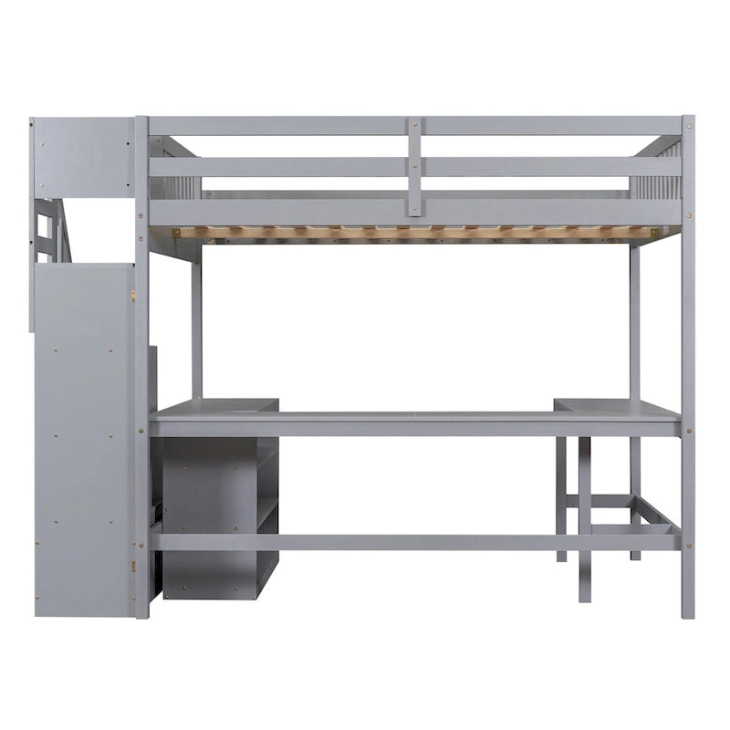 Full Size Loft Bed w/Built-in L-Shaped Desk,Three-Tier Storage Shelves