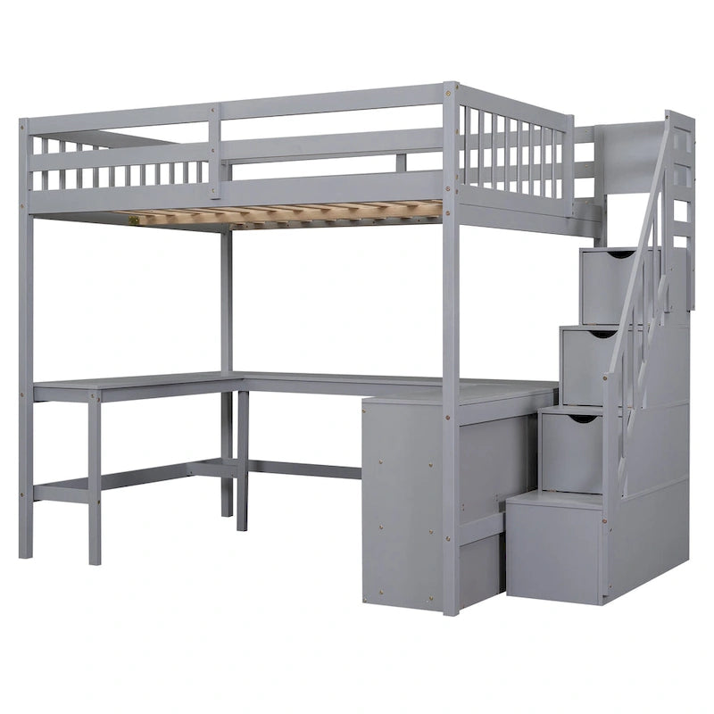 Full Size Loft Bed w/Built-in L-Shaped Desk,Three-Tier Storage Shelves