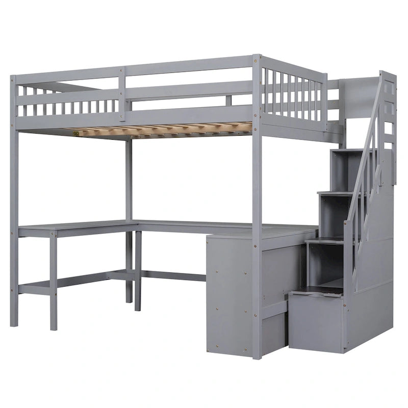 Full Size Loft Bed w/Built-in L-Shaped Desk,Three-Tier Storage Shelves