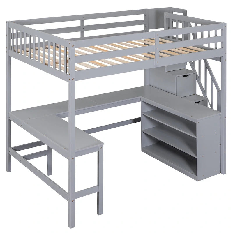 Full Size Loft Bed w/Built-in L-Shaped Desk,Three-Tier Storage Shelves