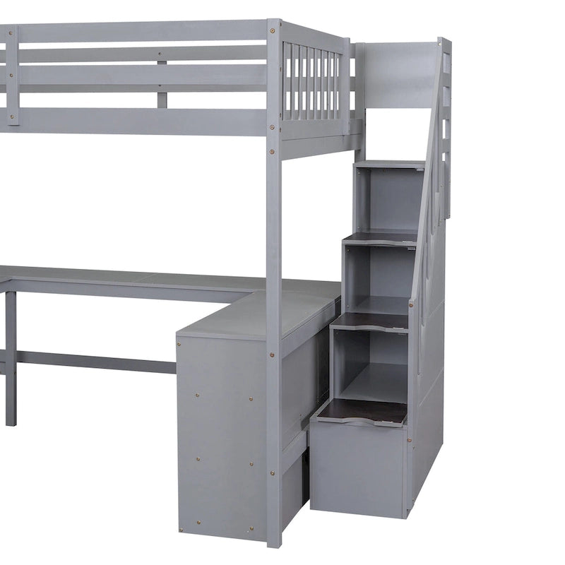 Full Size Loft Bed w/Built-in L-Shaped Desk,Three-Tier Storage Shelves
