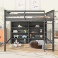 Full Size Loft Bed with Open Storage Shelves and Built-in Ladder, Gray