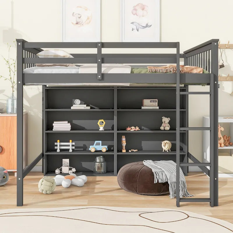 Full Size Loft Bed with Open Storage Shelves and Built-in Ladder, Gray