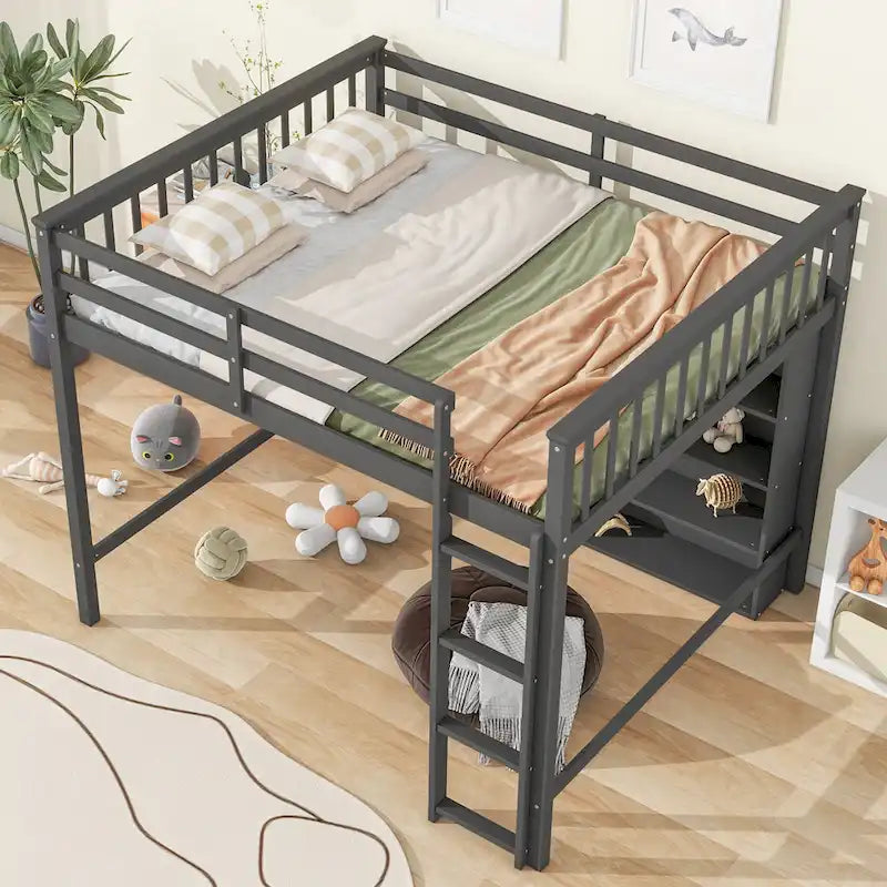 Full Size Loft Bed with Open Storage Shelves and Built-in Ladder, Gray