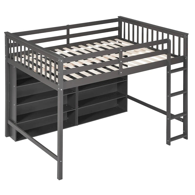 Full Size Loft Bed with Open Storage Shelves and Built-in Ladder, Gray