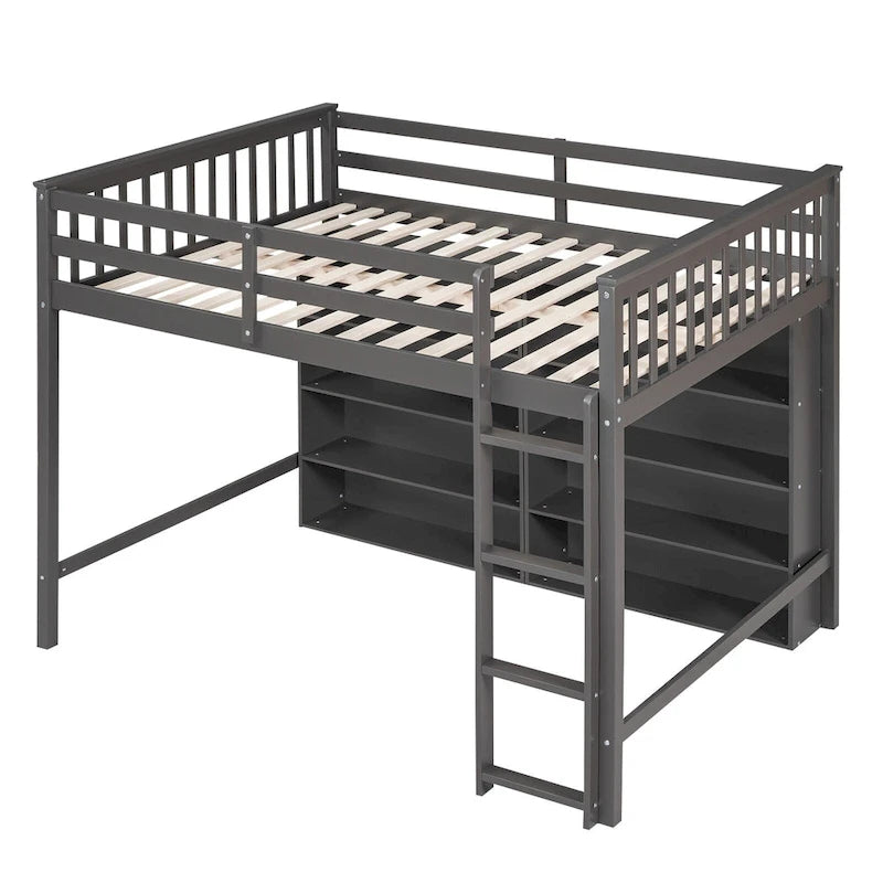 Full Size Loft Bed with Open Storage Shelves and Built-in Ladder, Gray