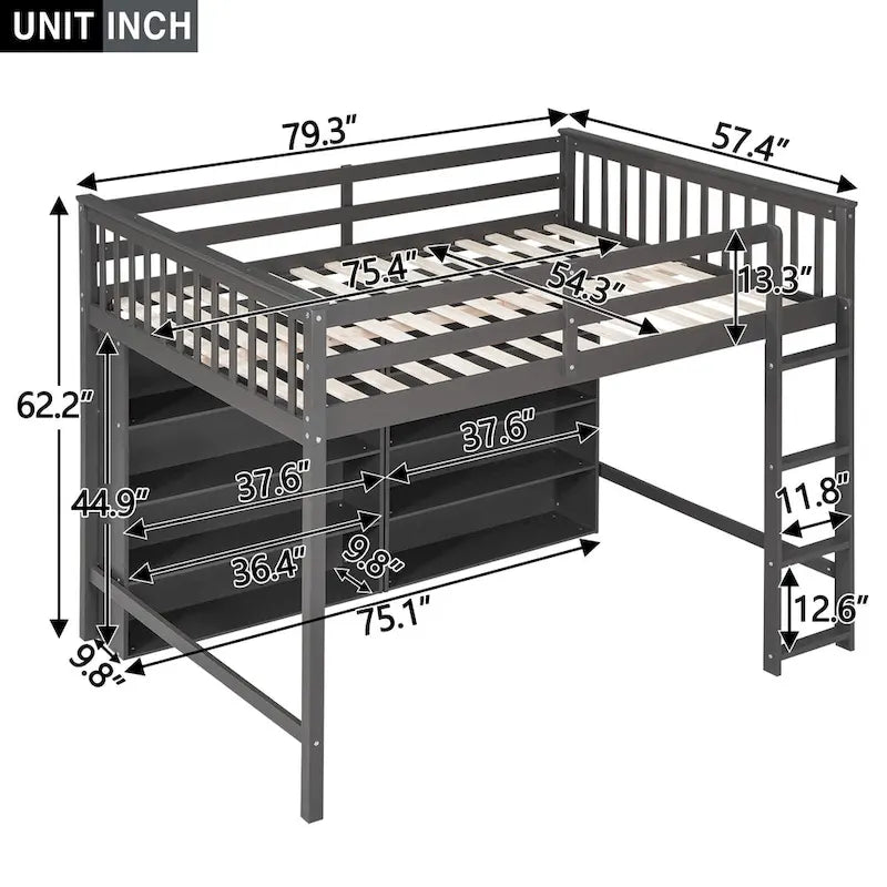 Full Size Loft Bed with Open Storage Shelves and Built-in Ladder, Gray