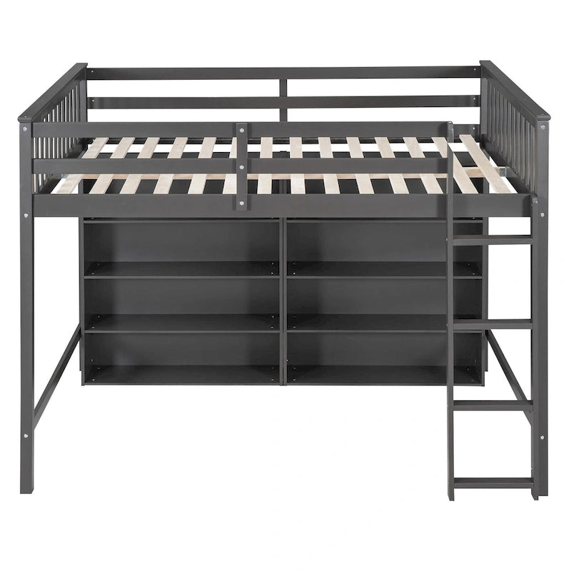 Full Size Loft Bed with Open Storage Shelves and Built-in Ladder, Gray