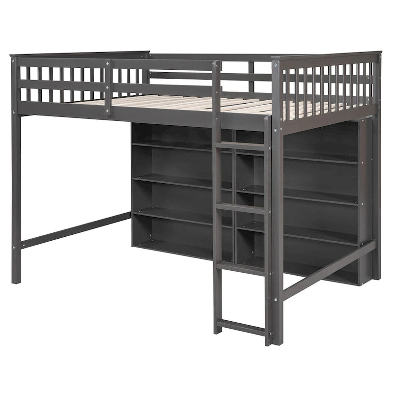 Full Size Loft Bed with Open Storage Shelves and Built-in Ladder, Gray