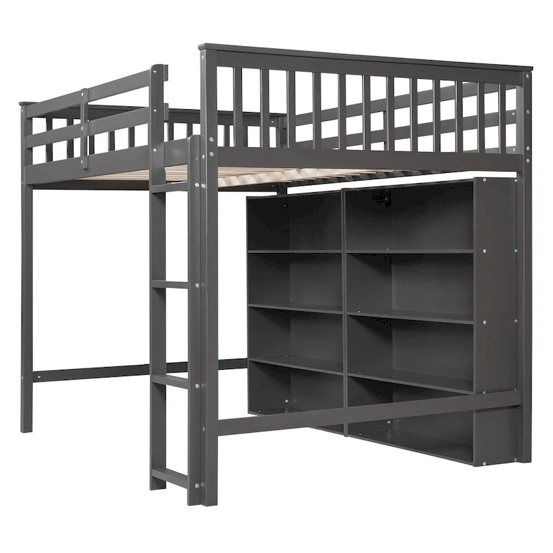 Full Size Loft Bed with Open Storage Shelves and Built-in Ladder, Gray