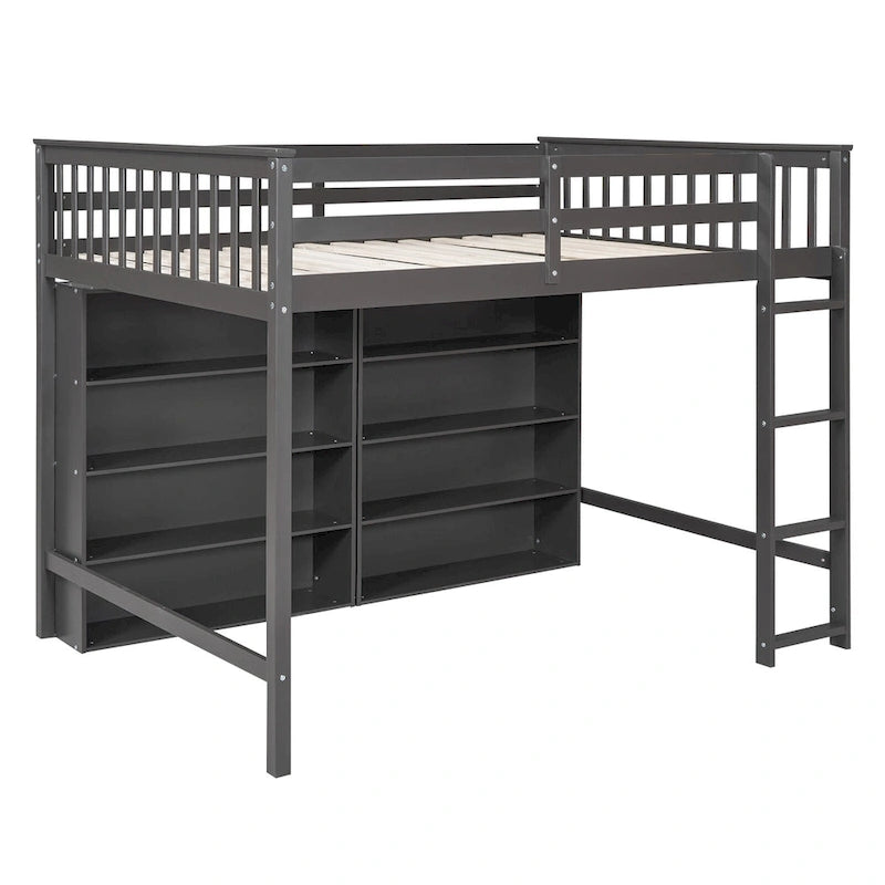 Full Size Loft Bed with Open Storage Shelves and Built-in Ladder, Gray