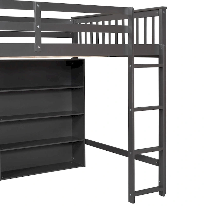 Full Size Loft Bed with Open Storage Shelves and Built-in Ladder, Gray