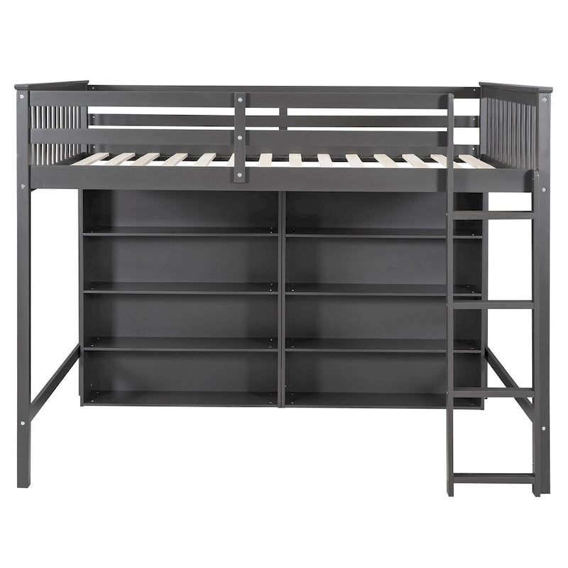 Full Size Loft Bed with Open Storage Shelves and Built-in Ladder, Gray