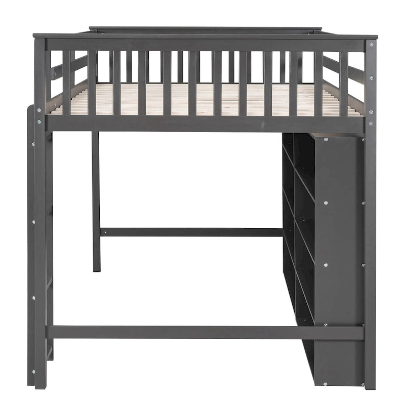 Full Size Loft Bed with Open Storage Shelves and Built-in Ladder, Gray