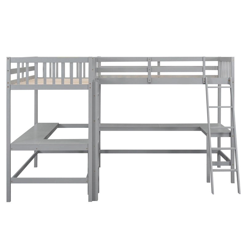 Wood Twin Size L-Shaped Loft Bed w/Ladder, 2 Built-in L-Shaped Desks