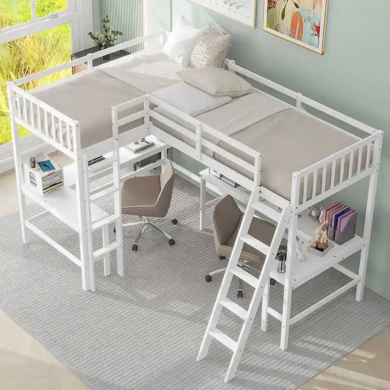 Wood Twin Size L-Shaped Loft Bed w/Ladder, 2 Built-in L-Shaped Desks