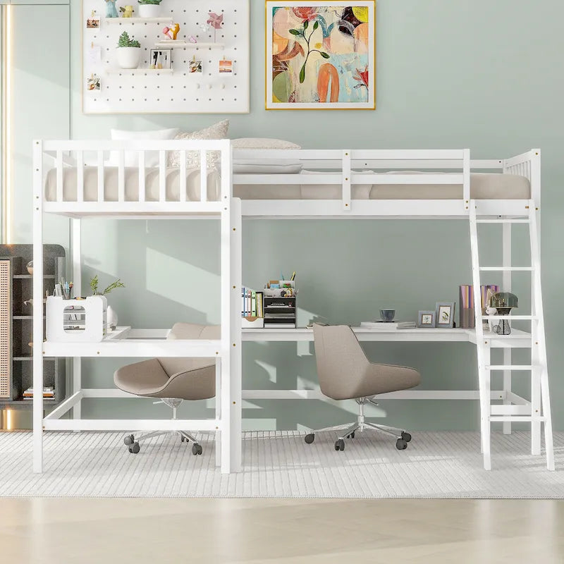 Wood Twin Size L-Shaped Loft Bed w/Ladder, 2 Built-in L-Shaped Desks