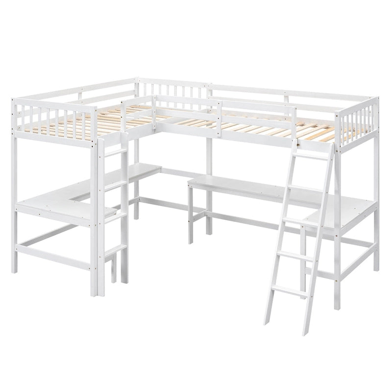 Wood Twin Size L-Shaped Loft Bed w/Ladder, 2 Built-in L-Shaped Desks
