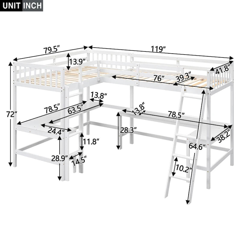 Wood Twin Size L-Shaped Loft Bed w/Ladder, 2 Built-in L-Shaped Desks
