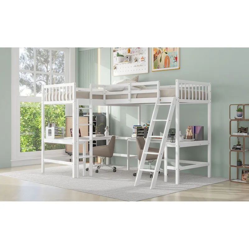 Wood Twin Size L-Shaped Loft Bed w/Ladder, 2 Built-in L-Shaped Desks