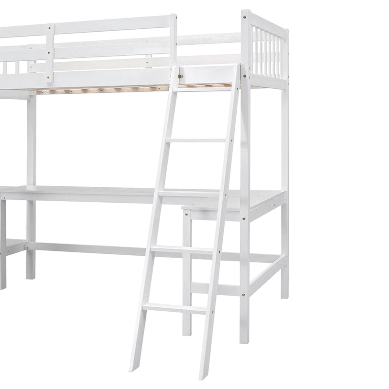 Wood Twin Size L-Shaped Loft Bed w/Ladder, 2 Built-in L-Shaped Desks